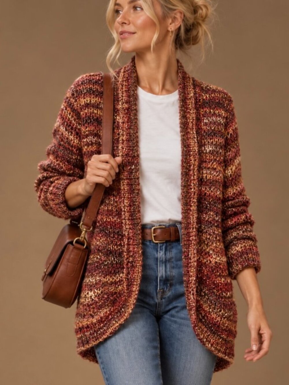 Chico's open front knit cardigan brown/rust multi size Med 8/10 cozy casual